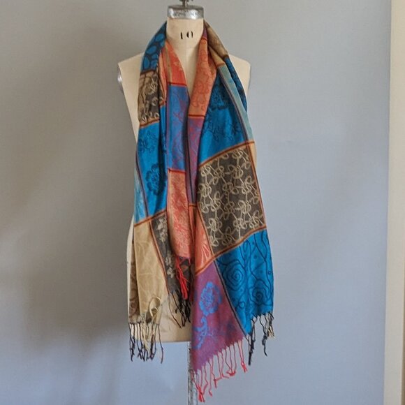 Cashmere and Silk Pashmina Blue Orange Floral - Picture 2 of 7